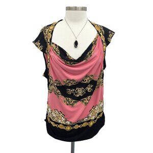 Style & Co Womens Sleeveless Draped Cowl Neck‎ Blouse XL Pink Black Baroque Top
